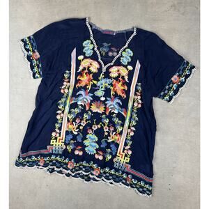 JOHNNY WAS BLUE SKY HEAVILY EMBROIDERED BOHO TUNIC BLOUSE TOP SIZE S $299
